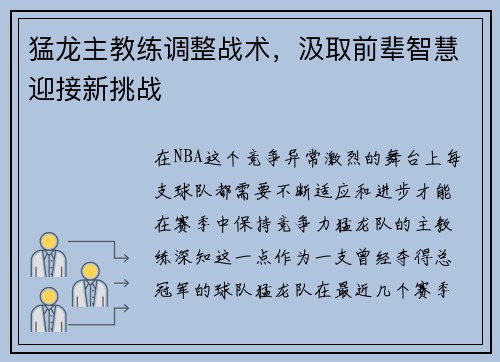 猛龙主教练调整战术，汲取前辈智慧迎接新挑战