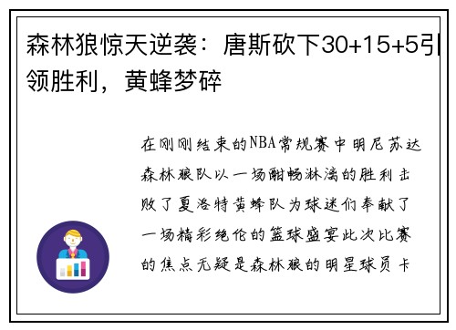 森林狼惊天逆袭：唐斯砍下30+15+5引领胜利，黄蜂梦碎